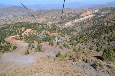 Özbekistan dağlarında kablolu bir araba. Güneşli bir yaz gününde. Dağdan inin. Beldersay Dağları.