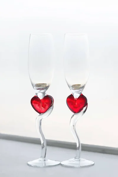 Wedding Glasses Red Hearts Close — Stock Photo, Image
