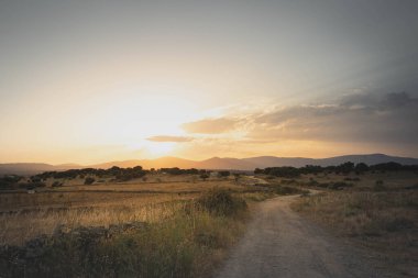 Gün batımından önce kırsal bölgede kum yolu. Turuncu egemenlik Yoğun ve parlak ışık
