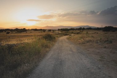 Gün batımından önce kırsal bölgede kum yolu. Turuncu egemenlik Yoğun ve parlak ışık