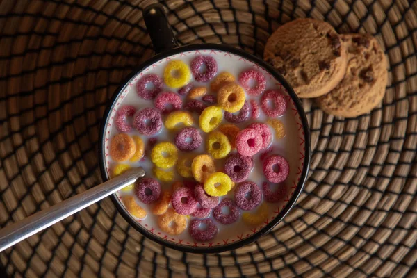 Breakfast Photos Loops Colourful Cereals Cookies Milk — Stock Photo, Image