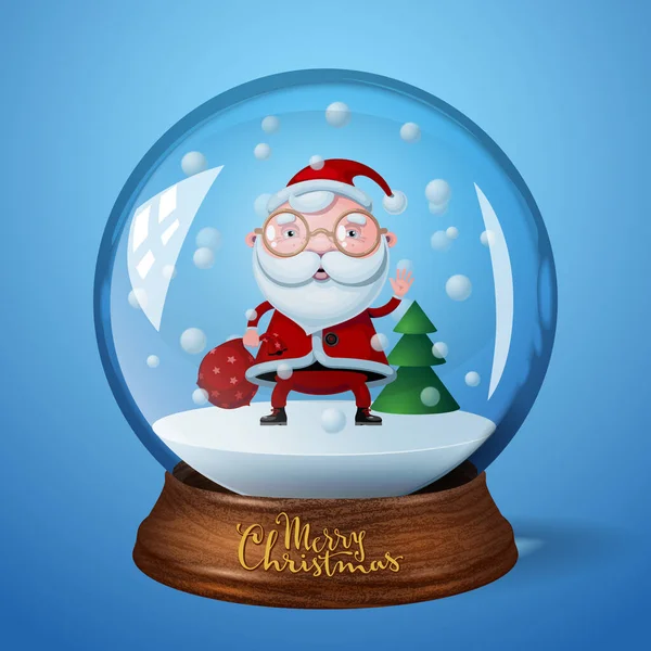 Snö glob med jultomten och julgran på blå bakgrund — Stock vektor