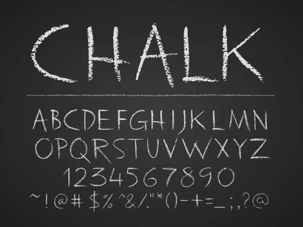 Uppercase letters, numbers and symbols hand drawn on chalkboard — Stock Vector