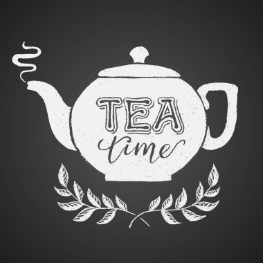 Tea Time harfleriyle karatahtaya çizilmiş çaydanlık. Eps8. - RGB. Genel renkler