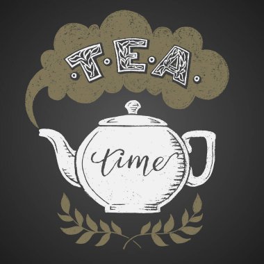 Tea harfleriyle karatahtaya çizilmiş çaydanlık. Eps8. - RGB. Genel renkler