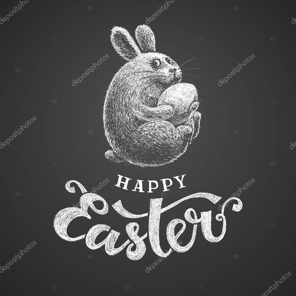 Happy Easter chalk lettering and rabbit with egg. Eps8. RGB. Global colors