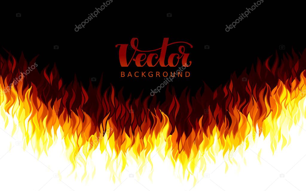 Realistic vector fire flames on black background. Eps8. RGB. Global colors. One linear gradient used