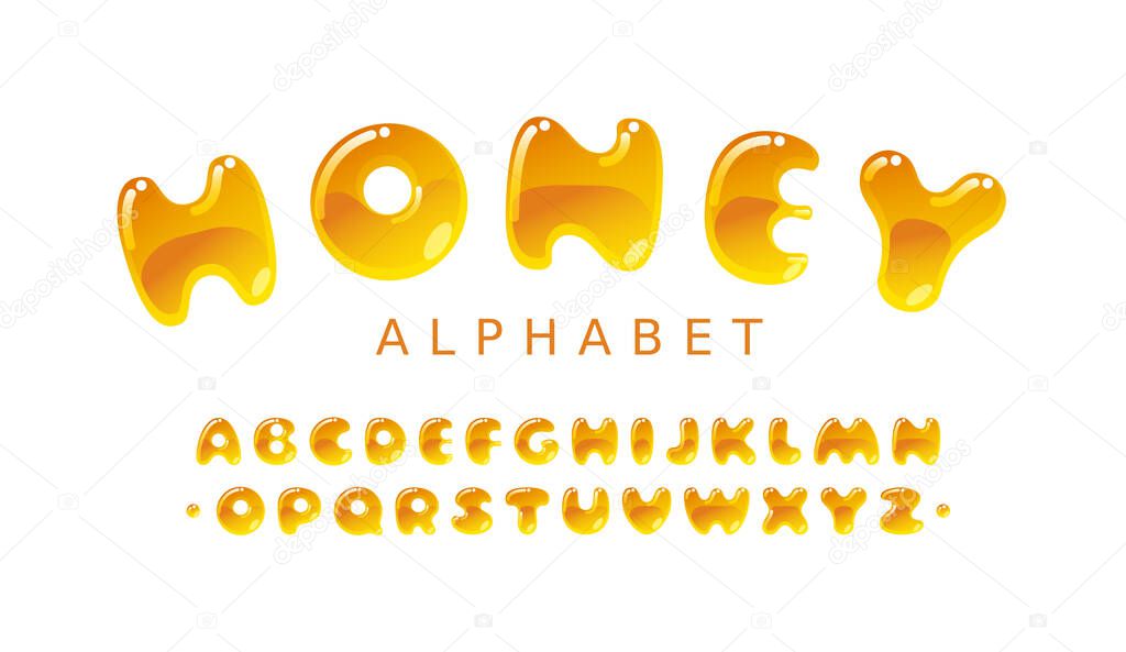 Honey alphabet. Amber bubble uppercase vector letters A-Z. Eps10. RGB. Two global colors