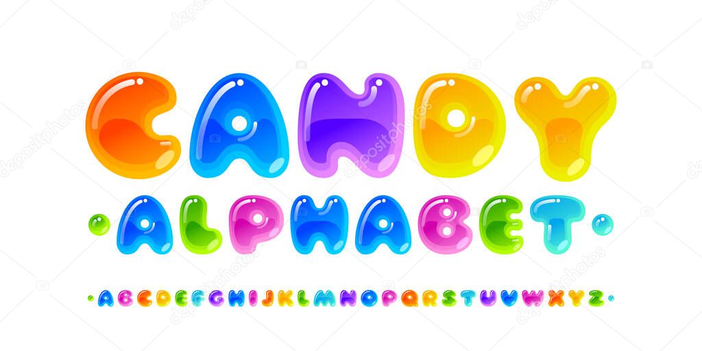 Candy font. Transparent glossy multicolored vector uppercase alphabet isolated on white background. RGB. Global colors