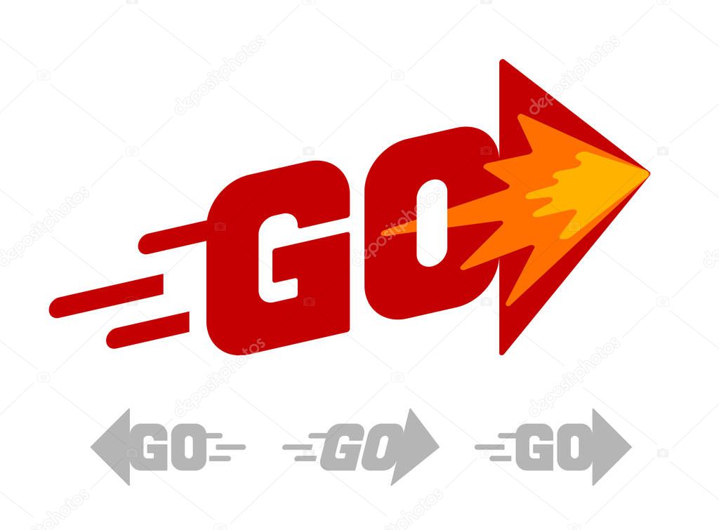Word Go with arrow. Red vector lettering on white background. RGB. Global colors