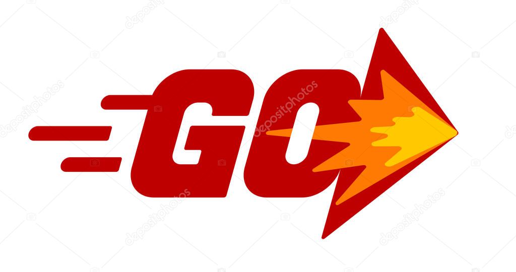 Word Go with arrow. Red vector lettering on white background. RGB. Global colors