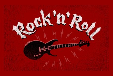 Rock 'n Roll harfleri. Kırmızı grunge arka planda elektro gitar. Eps8. - RGB. Genel renkler