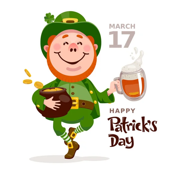 Patricks Day Poster Leprechaun Dancing Beer Pot Gold Coins White — Stock Vector