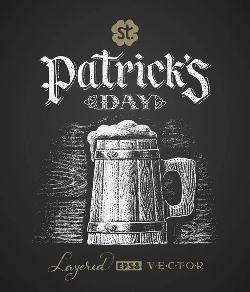 Día San Patricio Taza Cerveza Madera Dibujo Tiza Eps8 Rgb — Vector de stock