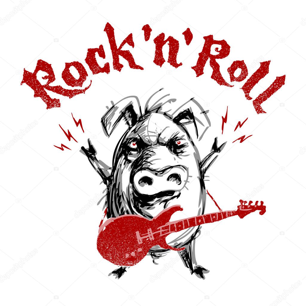 Rock and roll lettering with cartoon pig. Eps8. RGB Global colors