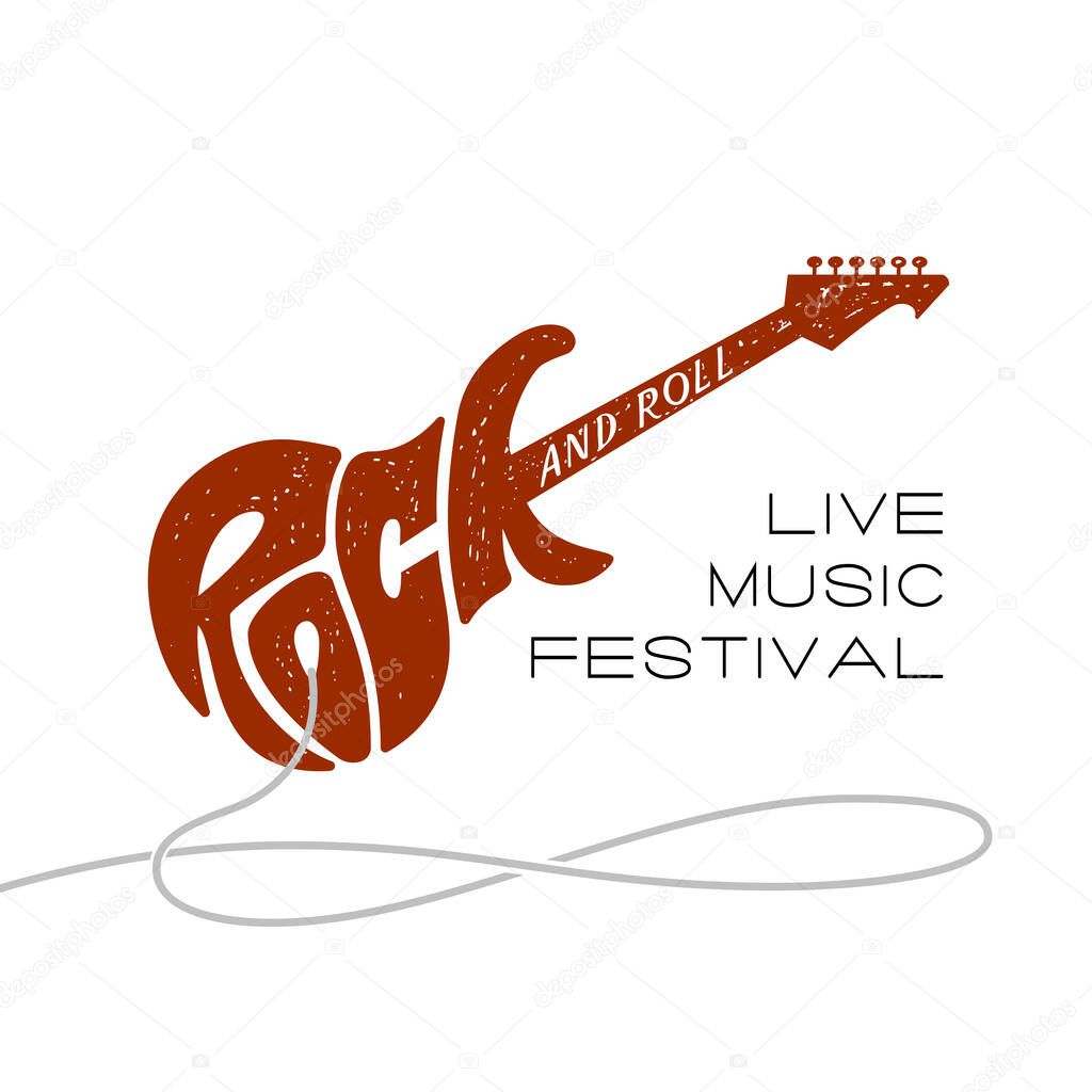 Rock and roll. Lettering in form of electric guitar on white background. Eps8. RGB. Global colors