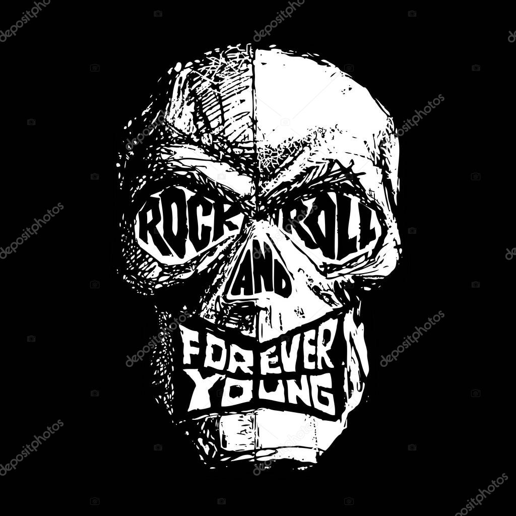 Rock and Roll, Forever Young hand-drawn black and white lettering with skull. Eps8. RGB. Global color
