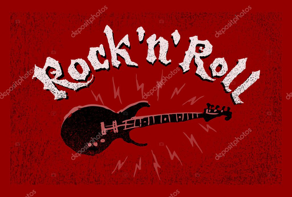 Rock and Roll lettering. Electric guitar on red grunge background. Eps8. RGB. Global colors