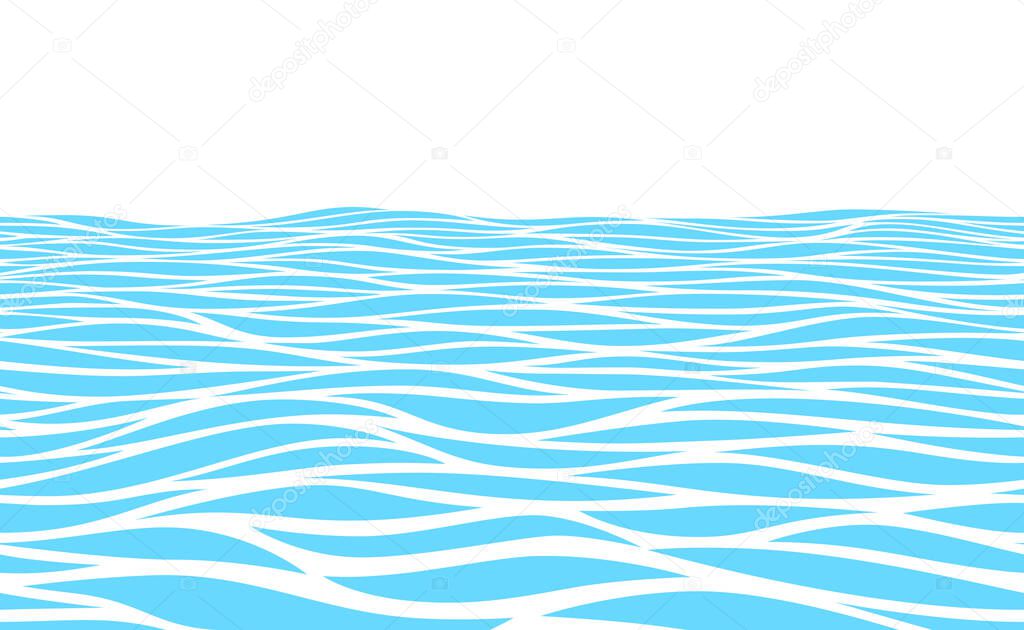 Blue water waves perspective landscape. Vector horizontal seamless pattern. RGB. Global color