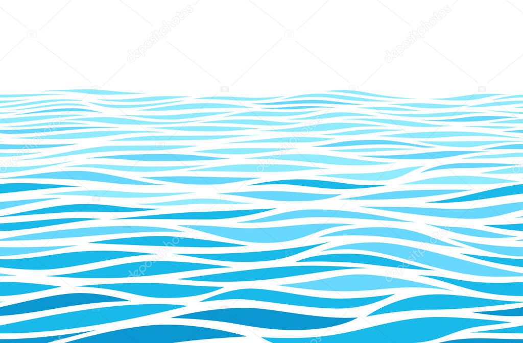 Blue water waves perspective landscape. Vector horizontal seamless pattern. RGB. Global colors