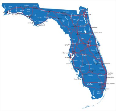 Florida ilçe isimleri, ana şehirleri ve yolları ile son derece detaylı vektör haritası.