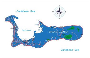 Büyük Cayman ana şehirleri ve yolları ile son derece detaylı vektör haritası.