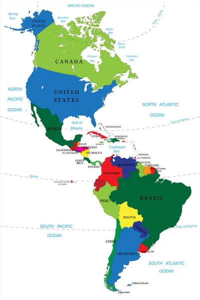 Nagyon Részletes Vektortérkép Észak Dél Amerika Minden Ország Teljesen Testreszabható — Stock Vector