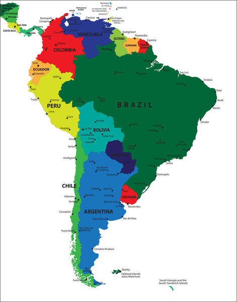 South America political map with each country selectable independent