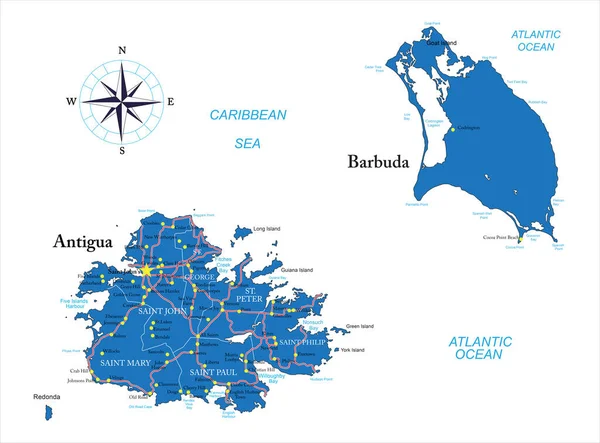 Высокодетальная Векторная Карта Антигуа Барбуды Административными Районами Основными Городами Дорогами — стоковый вектор