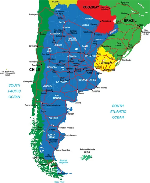 Velmi Podrobná Mapa Argentiny Správními Regiony Hlavními Městy Silnicemi — Stockový vektor