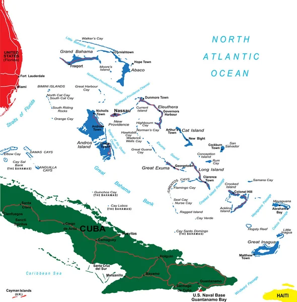 Ülke sınırları, ilçe isimleri, ana yollar ve son derece ayrıntılı devlet silueti olan Bahamalar 'ın ayrıntılı vektör haritası.