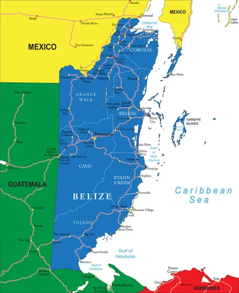 Εξαιρετικά Λεπτομερής Διανυσματικός Χάρτης Του Μπελίζ Διοικητικές Περιφέρειες Κύριες Πόλεις — Διανυσματικό Αρχείο