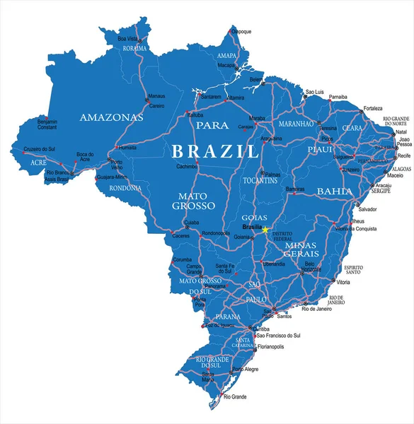 Brazília Rendkívül Részletes Vektortérképe Közigazgatási Régiókkal Főbb Városokkal Utakkal — Stock Vector