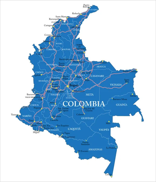 Colombie Carte Vectorielle Très Détaillée Avec Les Régions Administratives Les — Image vectorielle
