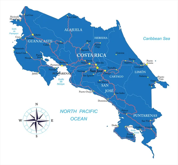 Costa Rica Mappa Vettoriale Altamente Dettagliata Con Regioni Amministrative Principali — Vettoriale Stock