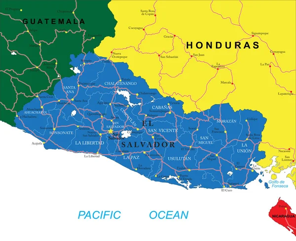 Εξαιρετικά Λεπτομερής Διανυσματικός Χάρτης Του Σαλβαδόρ Διοικητικές Περιφέρειες Κύριες Πόλεις — Διανυσματικό Αρχείο