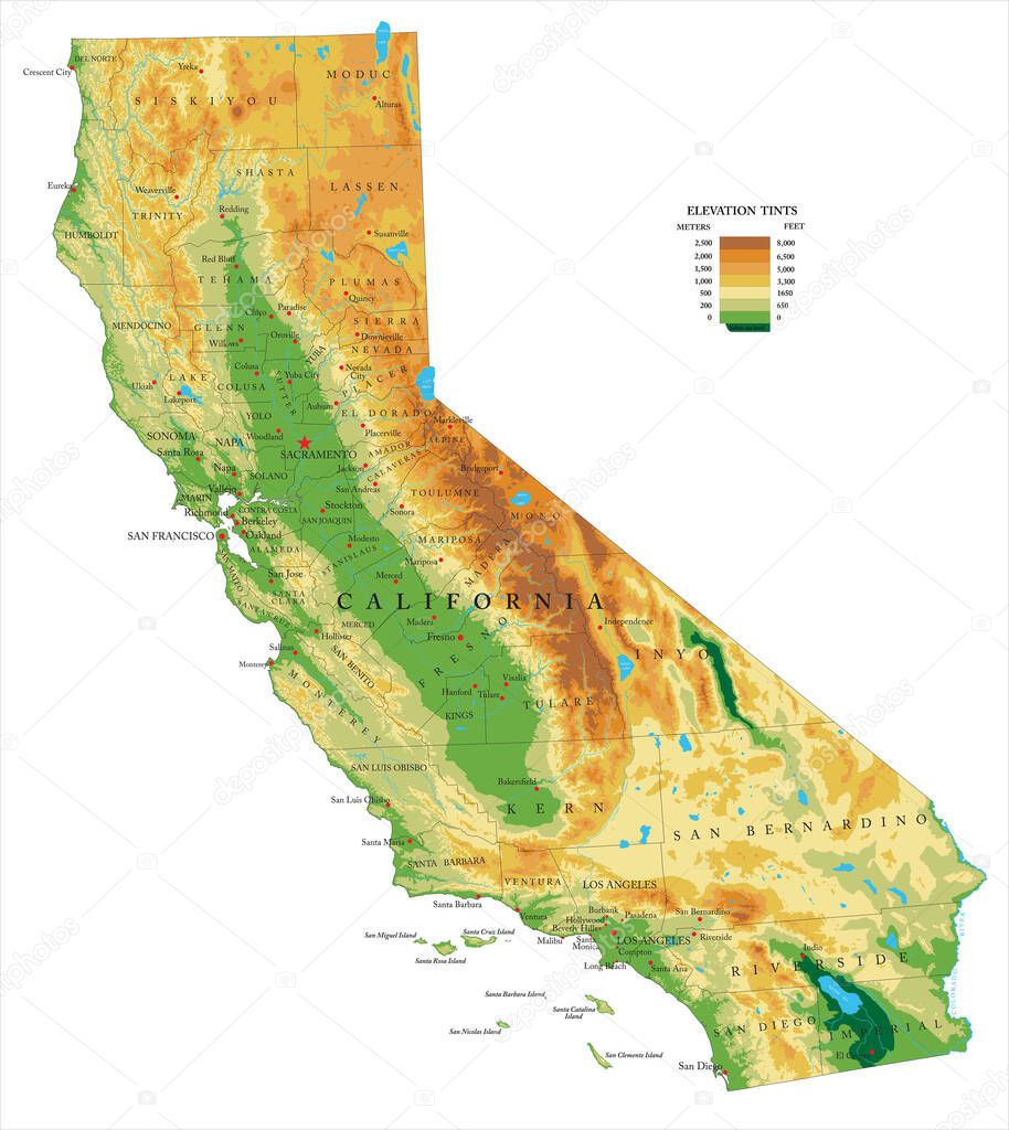 Highly detailed physical map of the California , in vector format,with all the relief forms,regions and big cities.        