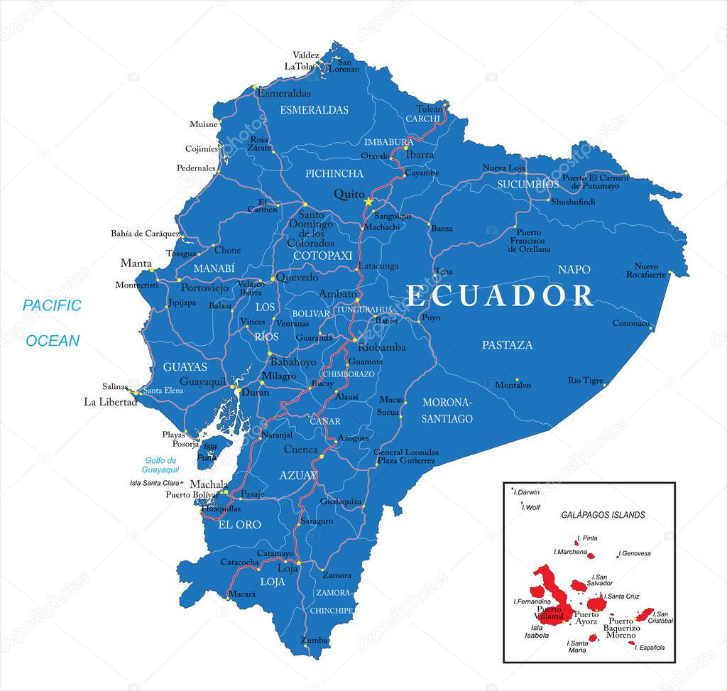Highly detailed vector map of Ecuador  with administrative regions, main cities and roads.
