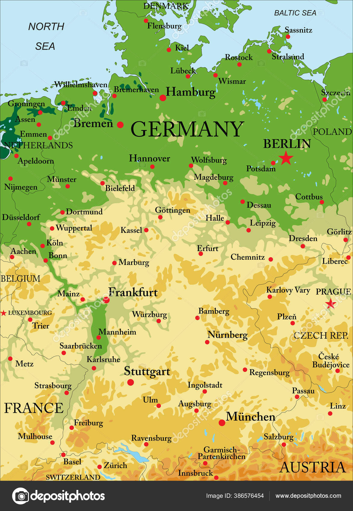 ドイツの非常に詳細な物理地図 ベクトル形式で すべての救済の形