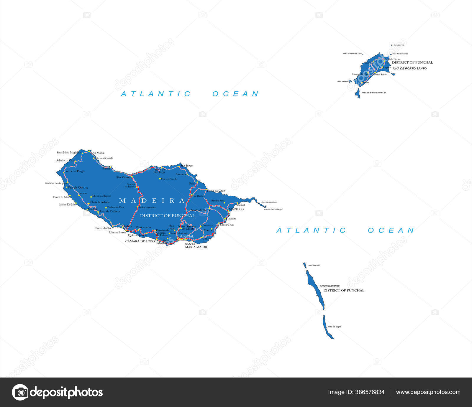 Portugal Mapa Divisões Administrativas e Estradas imagem vetorial