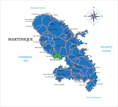 Martinique idari bölgeler, ana şehirler ve yollar ile son derece detaylı vektör haritası.