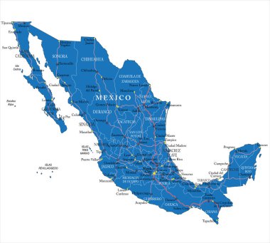 Meksika ana şehirleri, bölgeleri ve yolları ile son derece detaylı bir harita.