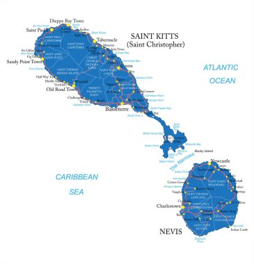 İdari bölgeleri, ana şehirleri ve yolları olan Saint Kitts ve Nevis 'in son derece detaylı vektör haritası.