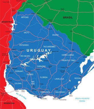 Uruguay ülke sınırları, ilçe isimleri, ana yollar ve son derece ayrıntılı bir devlet silueti içeren vektör haritası.