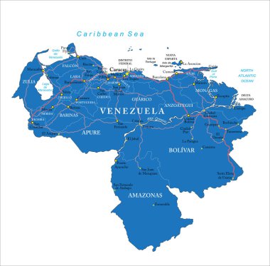 Venezuela idari bölgelere, ana şehirlere ve yollara sahip son derece detaylı vektör haritası.