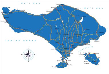 Bali idari bölgeler, ana şehirler ve yollar ile son derece ayrıntılı vektör haritası.