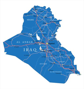 Irak idari bölgeler, büyük şehirler ve yollar ile son derece ayrıntılı vektör haritası.