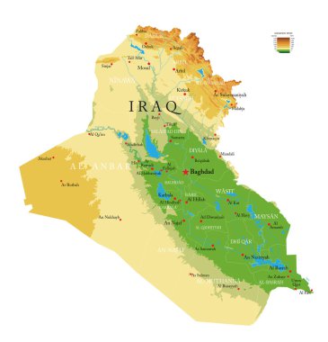 Irak 'ın detaylı fiziksel haritası vektör formatında, tüm yardım formları, bölgeleri ve büyük şehirlerle birlikte. 