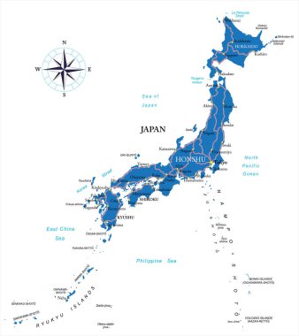 Japonya çok detaylı bir vektör haritası, beyazda izole edilmiş, idari bölgeleri, ana şehirleri ve yolları ile.