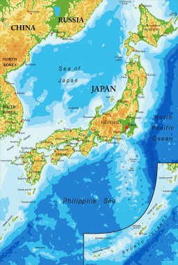 Japonya çok detaylı fiziksel harita, vektör formatında, tüm yardım formları, bölgeler ve büyük şehirlerle.